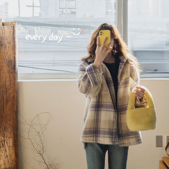 【特价30% ★数量有限】糖果色紫色蓬松羊毛格子衬衫<FONT color=#d8a4a4>【尺码:F (55~77)】</font>