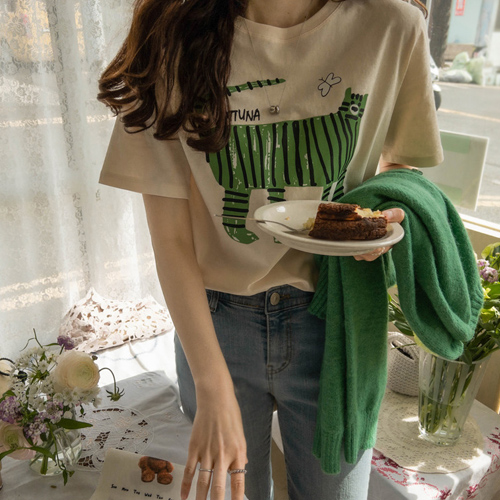 [LABEL] 春季协调可爱条纹猫T恤[size:F,1]