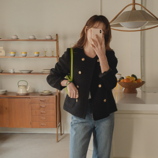 [LABEL] 黑色丝带金色纽扣双层粗花呢夹克 [尺码: F, 1]