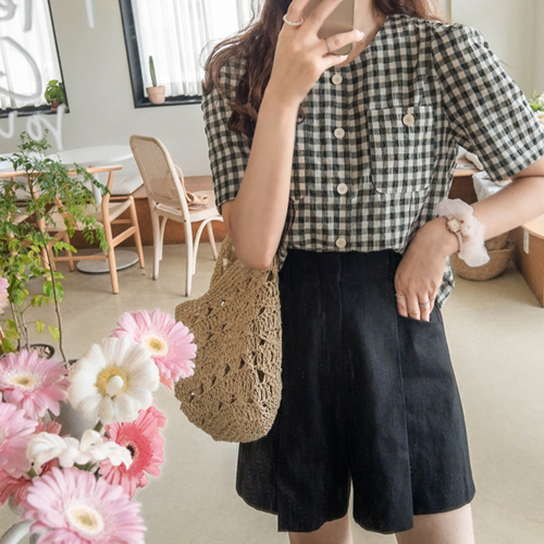 [LABEL] 夏季口袋皱纹格子 Seercus 女衬衫[size:F,1]