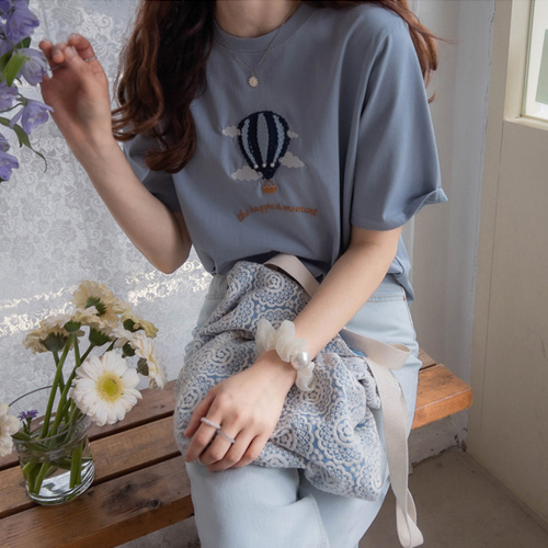 [MADE] Sandia 气球刺绣字母弹力紧身T恤 [尺码:F(55~66)]