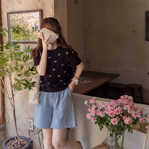 [LABEL] Joy 丝带卷袖可爱宽松T恤[尺码:F(55~66)]