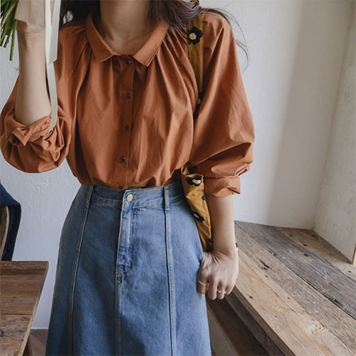 [100%棉] [领口抽褶衬衫] [生物水洗不变色] <FONT color=#5a3954>MADE LIN</font> Brick 生物洗领领口抽褶衬衫 [尺码: F (55~77)]