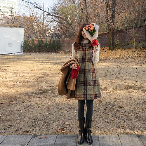 【特价优惠10,000韩元】 <FONT color=#5a3954>MADE LIN</font> 【厚款】牡丹棕粗纹A字中长裙【尺码：F(55~66)】