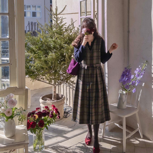 【特价15% ★数量有限】【LABEL】Anhyde 可爱格纹羊毛连衣裙，百褶裙摆【尺码：F (55~66)】