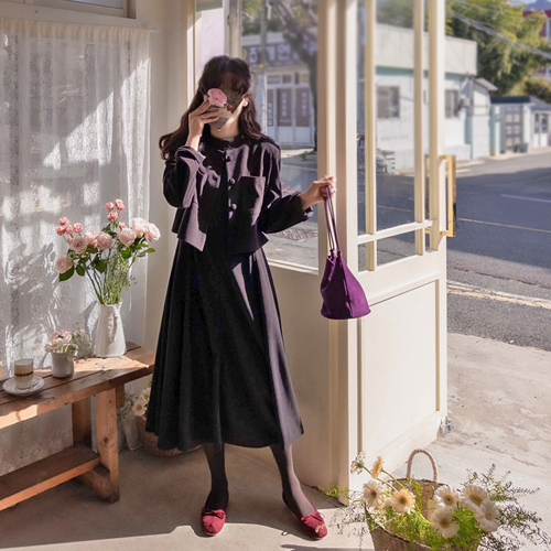 【特价优惠10,000韩元】 <FONT color=#5a3954>MADE LIN</font> Harness 干绿色/丽沙灯芯绒优雅修身长裙【尺码：F (55~66)】