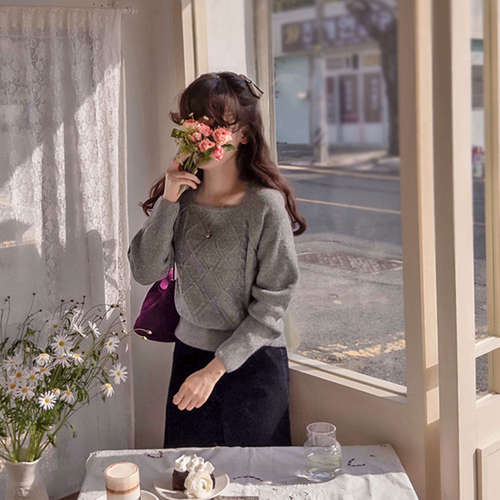 Anheju 麻花型双层披肩式柔软弹力针织上衣 [尺码：F (55~66)]