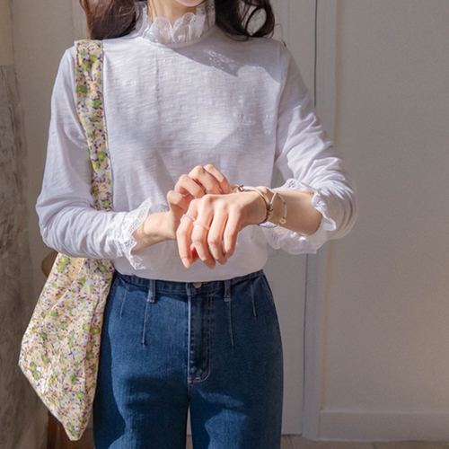 [LABEL] 浪漫蕾丝荷叶边层叠基本款T恤 [尺码:F(55~66)]
