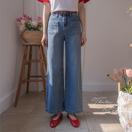 [100%纯棉]Maybin 修身纯色直筒宽口袋牛仔裤