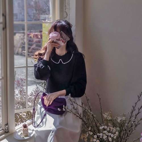 罗马丝带胸针可拆卸珍珠春季泡泡袖T恤[尺码:F(55~66)]