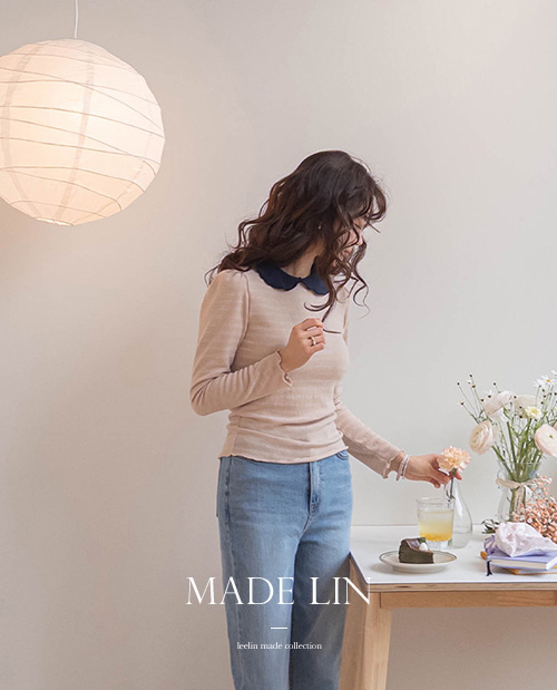 【超值优惠 4,000 韩元】 <FONT color=#5a3954>MADE LIN</font> Bléney 条纹波浪纹弹力针织T恤 [尺码：F(55~66)]