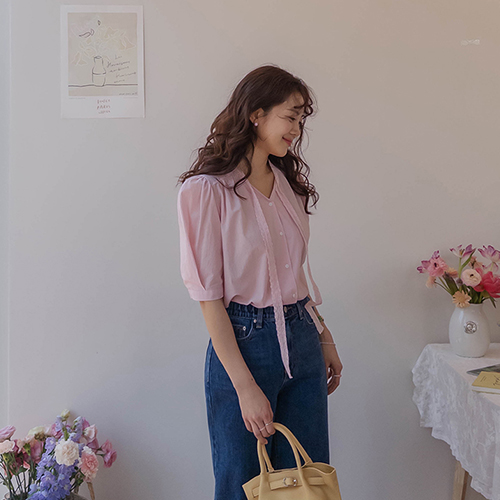 [Lovely Color][LABEL] Julia 蕾丝 系带别针 褶袖 女式连衣裙 [尺码:F(55~66)]