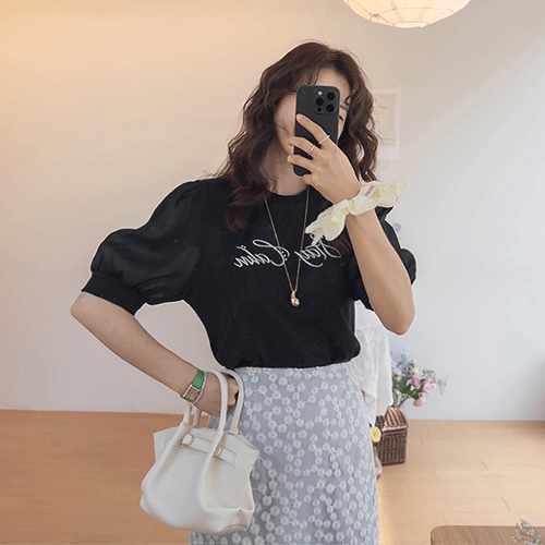 [天丝 80%][LABEL] Celia 透视袖珍珠关键点T恤 [尺码:F(55~66)]