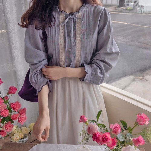 [LABEL] Crois 迷你波浪刺绣领口褶裥优雅女士衬衫 [尺码: F (55~66)]