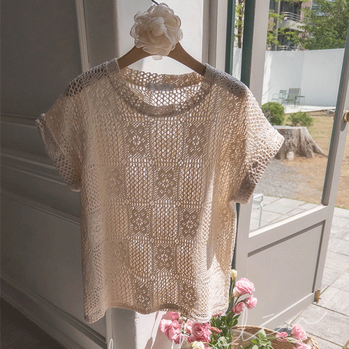 [Dry Quality] Dearel 花朵镂空蕾丝夏季针织上衣 [尺码: F(55~66)]