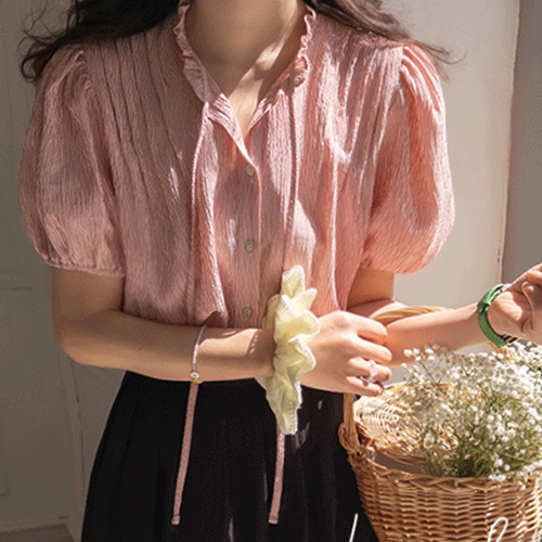 [无需担心皱纹♥][LABEL] 玫瑰丝带领带别针褶皱女式衬衫 [尺码:F(55~66)]