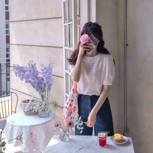 Royveld 冲孔花朵刺绣可爱泡泡袖优雅女士连衣裙 [尺码:F(55~66)]