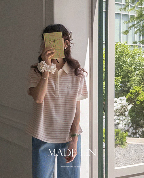 【新品特价 5000韩元折扣】 <FONT color=#5a3954>MADE LIN</font>诺顿条纹花朵贴布领T恤【尺码:F(55~66)】