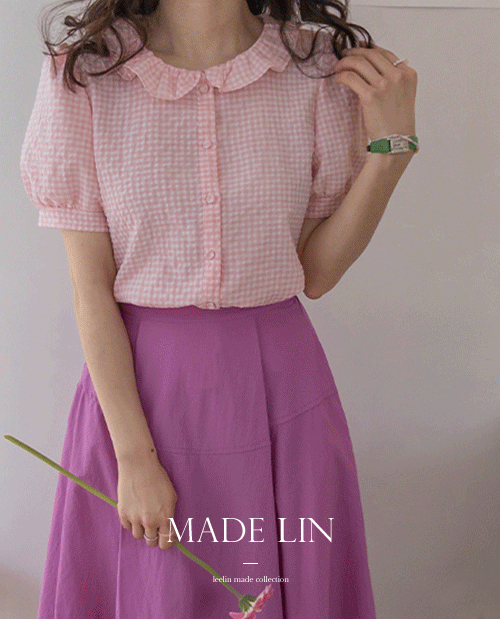 【新品特惠 7,000韩元优惠】 <FONT color=#5a3954>MADE LIN</font> Covert 格子 荷叶边领 女衬衫 [尺码:F(55~66)]