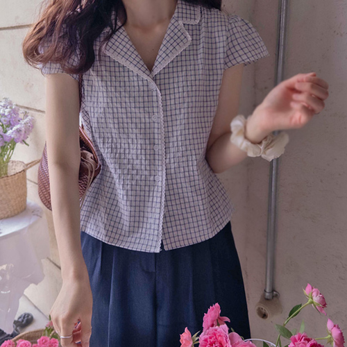 Zandbell 迷你蕾丝领泡泡纱酷格纹女式连衣裙 [尺码: F (55~66)]