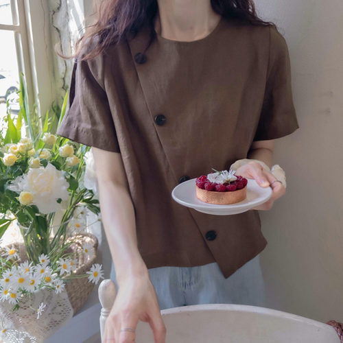 [LABEL] 匹兹堡夏季纽扣斜纹亚麻袖褶女式衬衫 [尺码:F(55~66)]