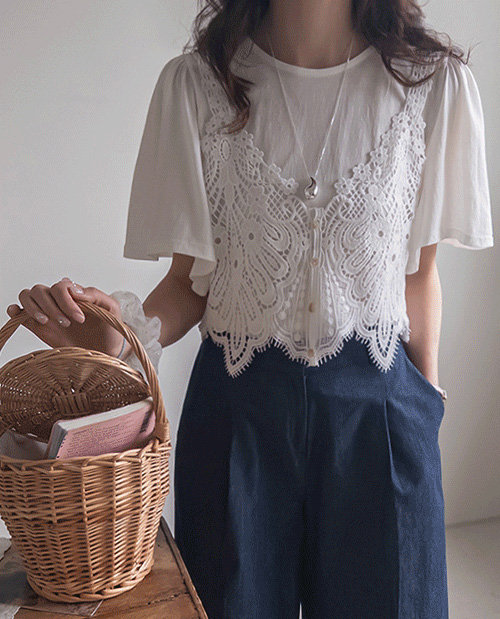 [LABEL] Lorena 褶皱T恤蕾丝紧身胸衣套装 [尺码:F(55~66)]