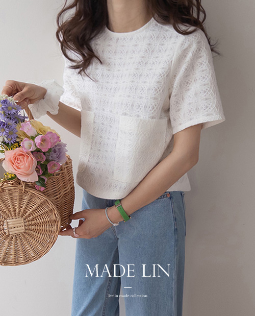 【新品特价5000韩元优惠】 <FONT color=#5a3954>MADE LIN</font>艾森蕾丝口袋短袖T恤【尺码:F(55~66)】