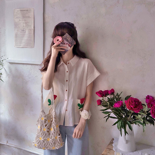Jeanne Flower 口袋尖头夏季修身卷袖女衬衫 [尺码:F(55~66)]