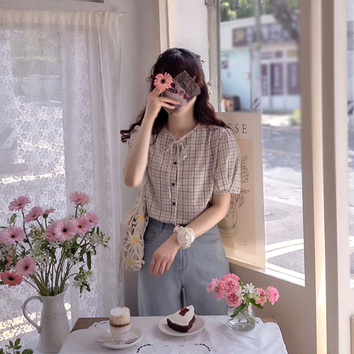 [LABEL] Gemma 格纹&丝带 清凉泡泡纱 泡泡袖 女式半身裙 [尺码: F(55~66)]