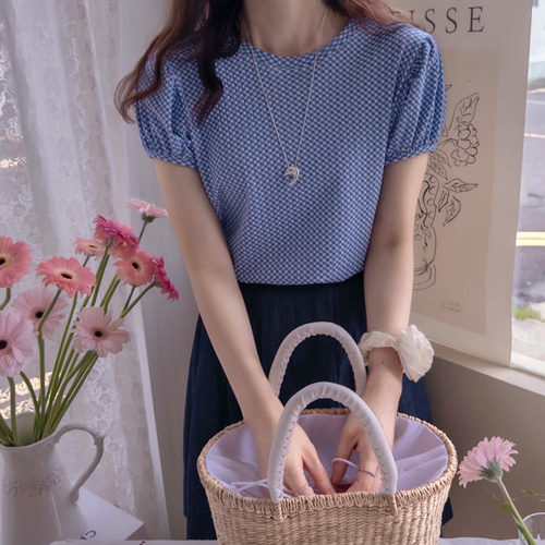 【新品特价3000韩元优惠】 <FONT color=#5a3954>MADE LIN</font>玛德妮 氨纶全格子短袖T恤【尺码:F(44~55),L(66~77)】