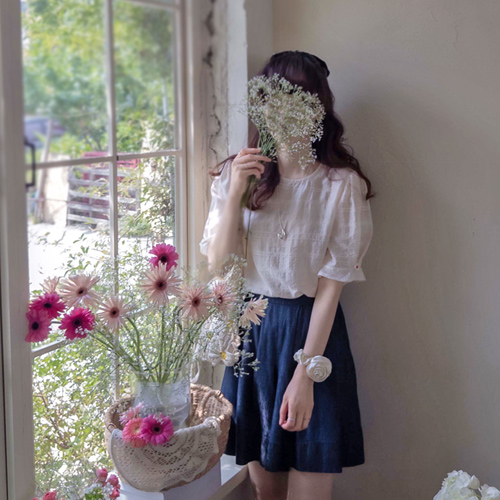 [LABEL] 夏日爱你袖花键轻盈清凉天丝女衬衫 [size:F,1]
