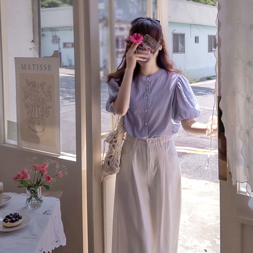 Julien's 迷你打孔夏季图案泡泡袖女裙 [尺码:F(55~66)]