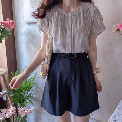 Anclovin 腰带套装 夏季褶裥凉爽短裤 [尺码:F(55~66)]
