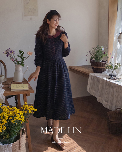 【新品特惠 5,000韩元折扣】 <FONT color=#5a3954>MADE LIN</font>洁拉圆领长袖连衣裙【尺码:F(55~66)】