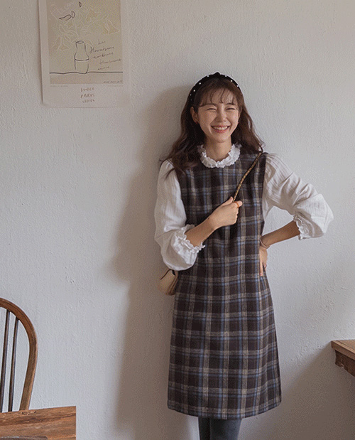 【直至羊皮】【LABEL】Modrit 格纹羊皮中长连衣裙【尺码：F (55~66)】