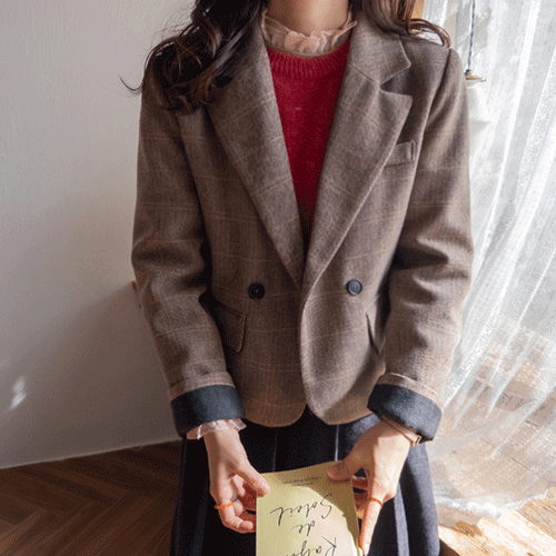 【羊皮人字纹】【全羊皮】Anitone羊皮混纺人字纹格纹外套套装【尺码:F(55~66)】