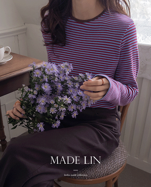 【桃绒】【新品特价 立减 6,000 韩元】 <FONT color=#5a3954>MADE LIN</font>可爱毛圈撞色桃绒条纹T恤【尺码:F (55~66)】