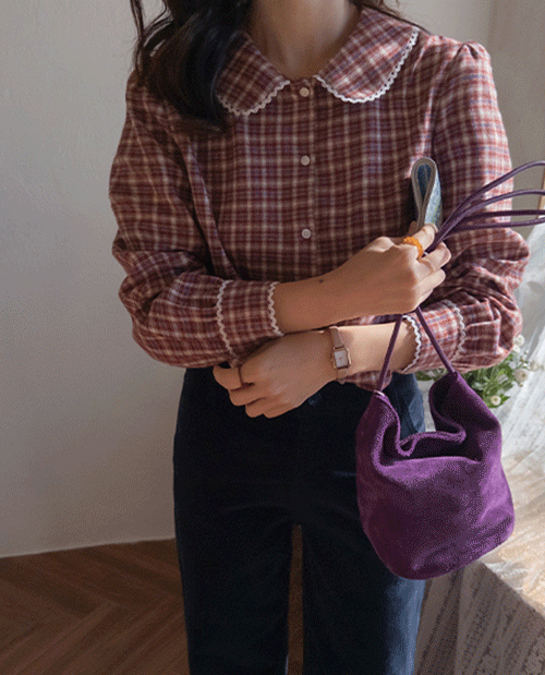 Bennett可爱圆领蕾丝温柔格纹女式衬衫[尺码:F(55~66)]