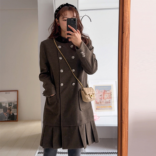 【特价优惠10,000韩元】 <FONT color=#5a3954>MADE LIN</font> Jericho 羊皮白衬衫双排扣半身裙【尺码：女款(55~66)】