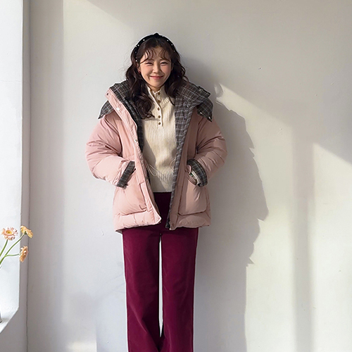 [鸭绒100%][LABEL] Lemoen 可爱格子拼色羽绒服夹克[尺码:F(55~66)]