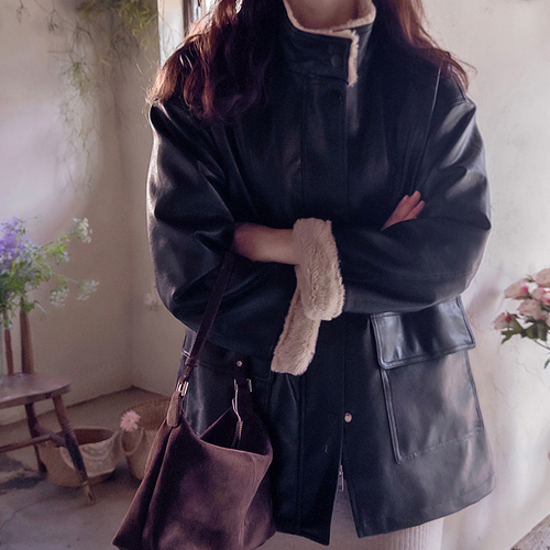 【LABEL】Labeque 衬里全长保暖毛绒冬季皮革外套套装 [尺码：F (55~66)]