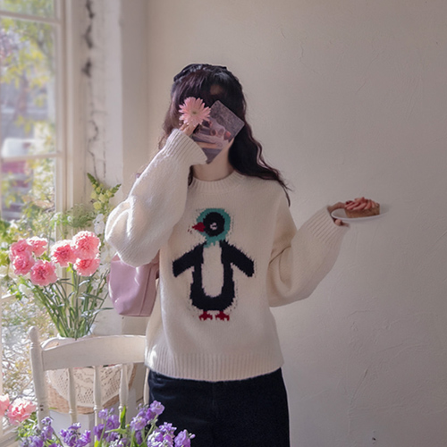 可爱企鹅羊毛宽松提花刺绣外套 [尺码：女款(55~66)]