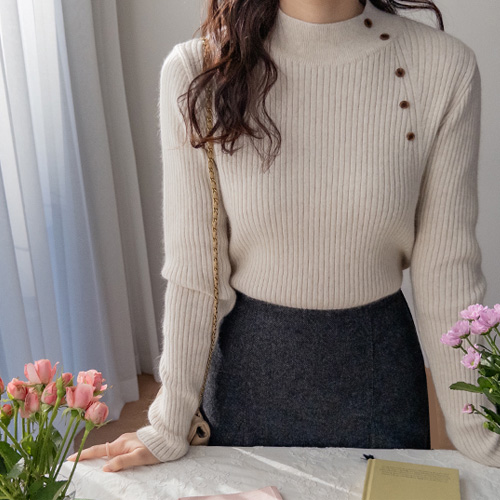 [狐狸羊毛混纺] Arni 竖纹罗纹纽扣针织衫 [尺码：F (55-66)]