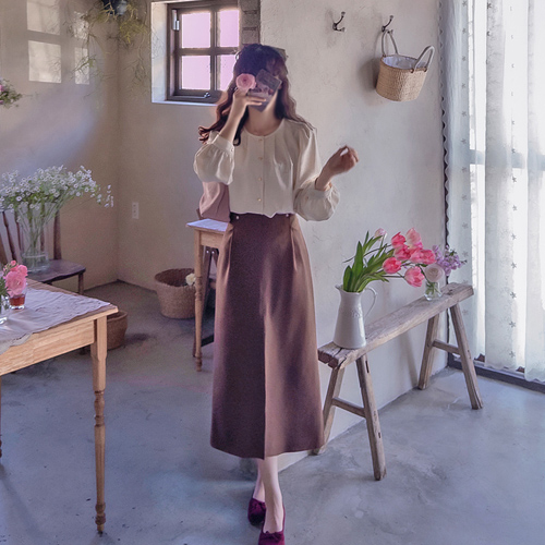 Crean 柔软毛绒混纺褶裥地图图案半身裙 [尺码：S(66), M(77)]