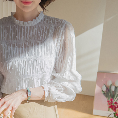 Kylie 的立体泡泡袖爆米花衬衫 [尺码：F (55-66)]