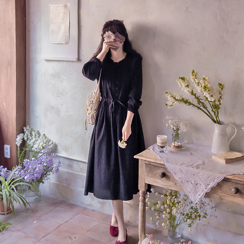 【新品特价，立减9000韩元】 <FONT color=#5a3954>MADE LIN</font> Anne 法国 领口系带腰带可调节可爱银色格纹长裙【尺码：F (55~66)】