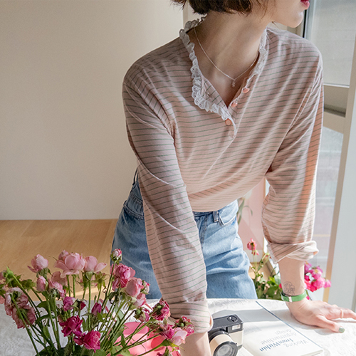 Reimi 颈部蕾丝 zanjan 条纹 T 恤衫 [size:F(55~66)]