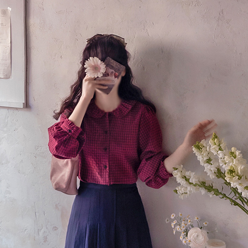 【新品特价，立减9000韩元】 <FONT color=#5a3954>MADE LIN</font> Julienne Lovely Sharingan 春季格纹女式衬衫【尺码：F (55~66)】