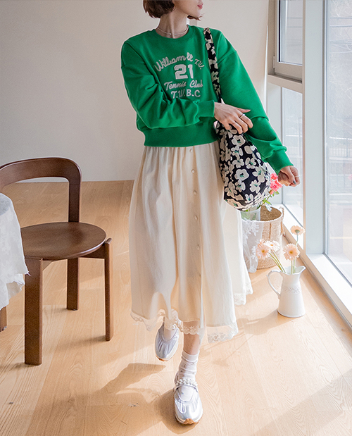 Melia 弹性后背带，分层下摆蕾丝胸衣，长袖，裙子 [尺码：F(55~66)]