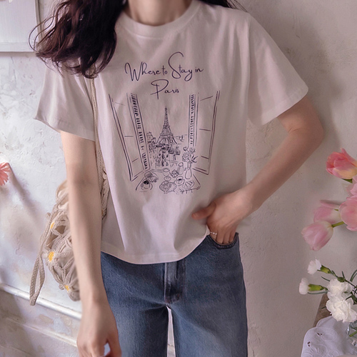 巴黎埃菲尔铁塔花卉图案优质柔软真丝短袖T恤 [尺码：F (55~66)]